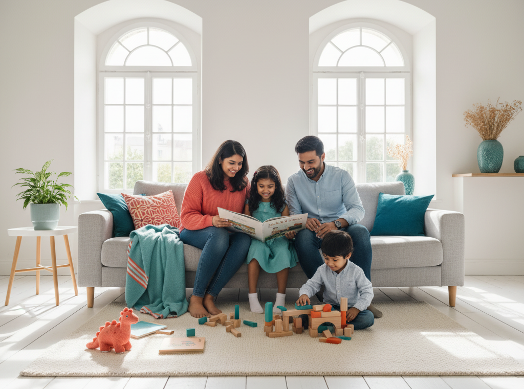 Family of four sitting on a couch in a bright living room, reading a book together.