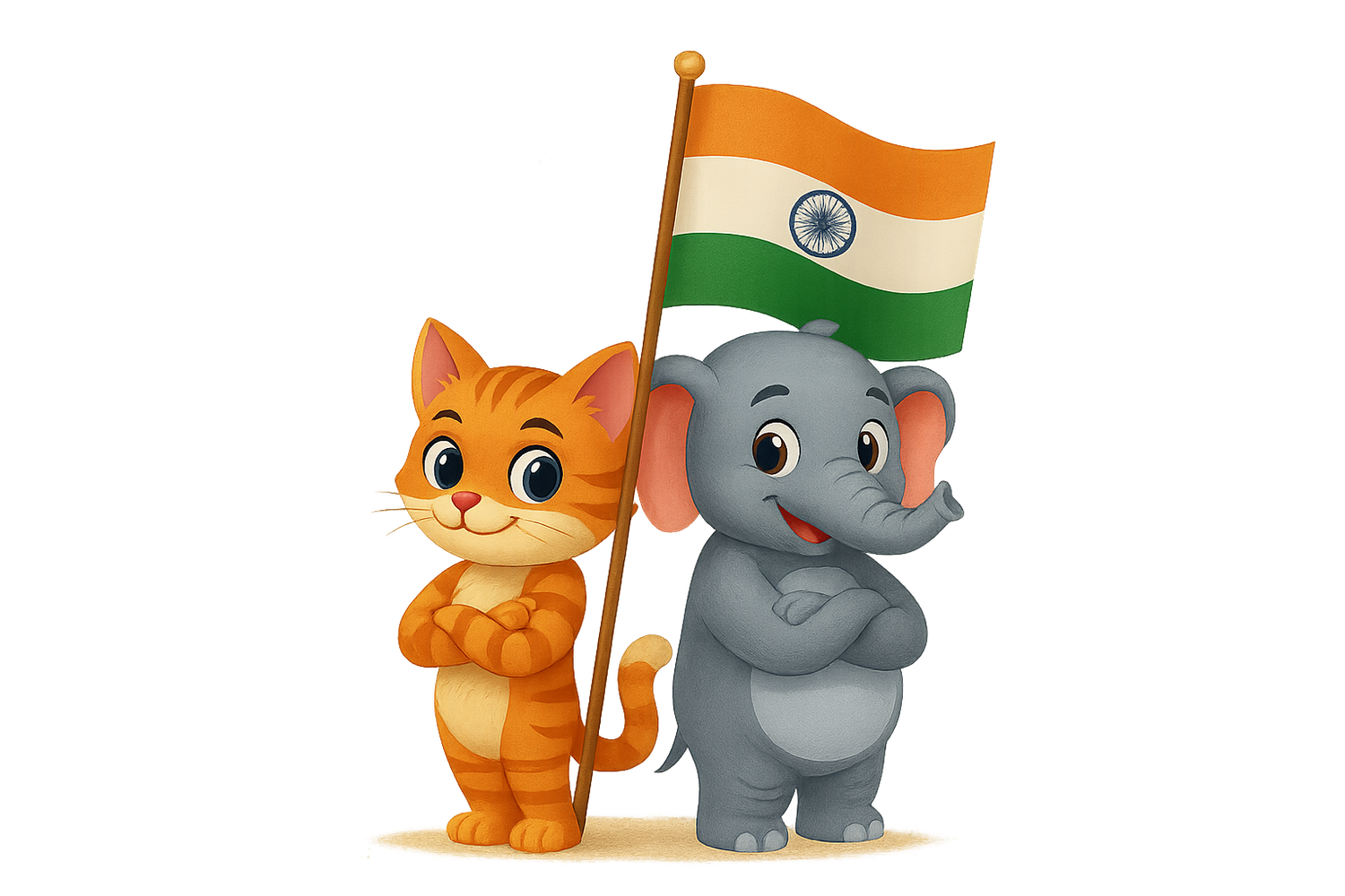 cartoon cat and elephant with Indian flag